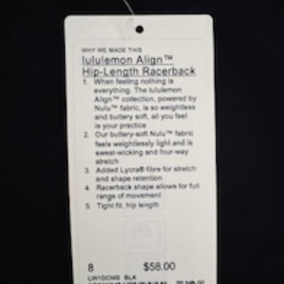 lululemon Align™ Hip-Length Racerback Tank -Black - Size 8 - New with Tag - Picture 7 of 7